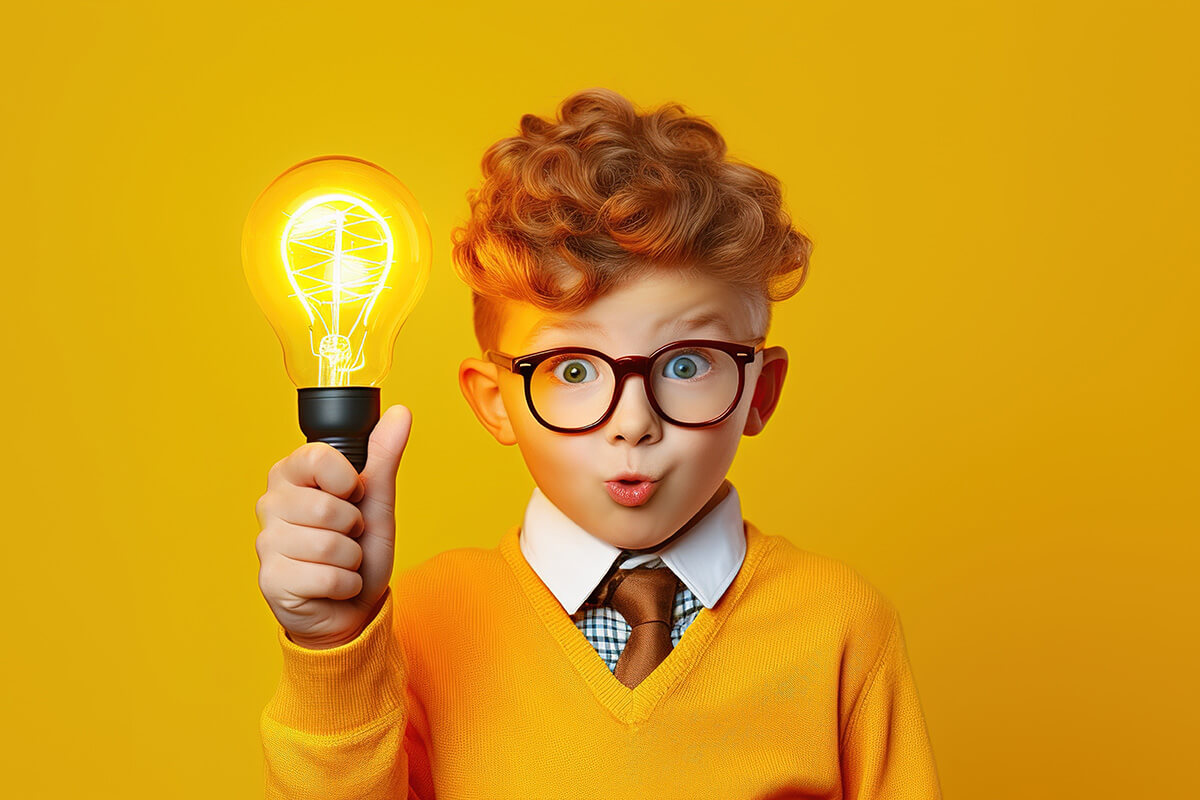 excited boy holding glowing lightbulb