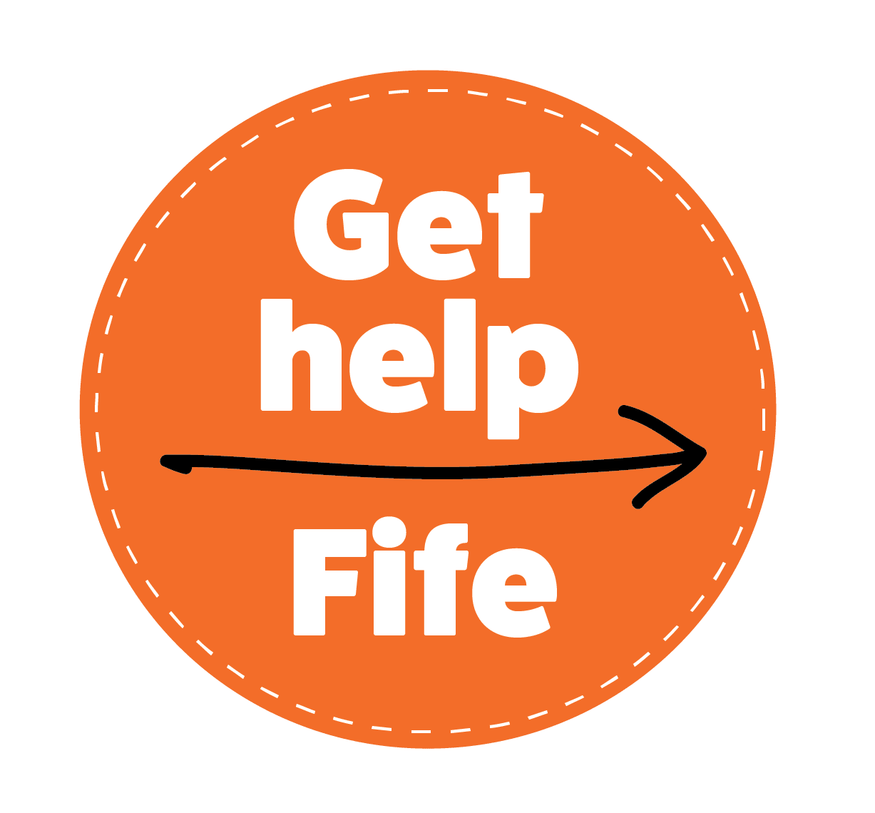 Orange circular badge with white text reading ‘Get help Fife.’ A black hand‑drawn arrow runs horizontally through the middle, pointing to the right. The circle has a dashed white border