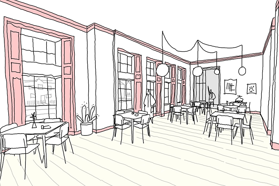 Artists impression of interior room with table and chairs